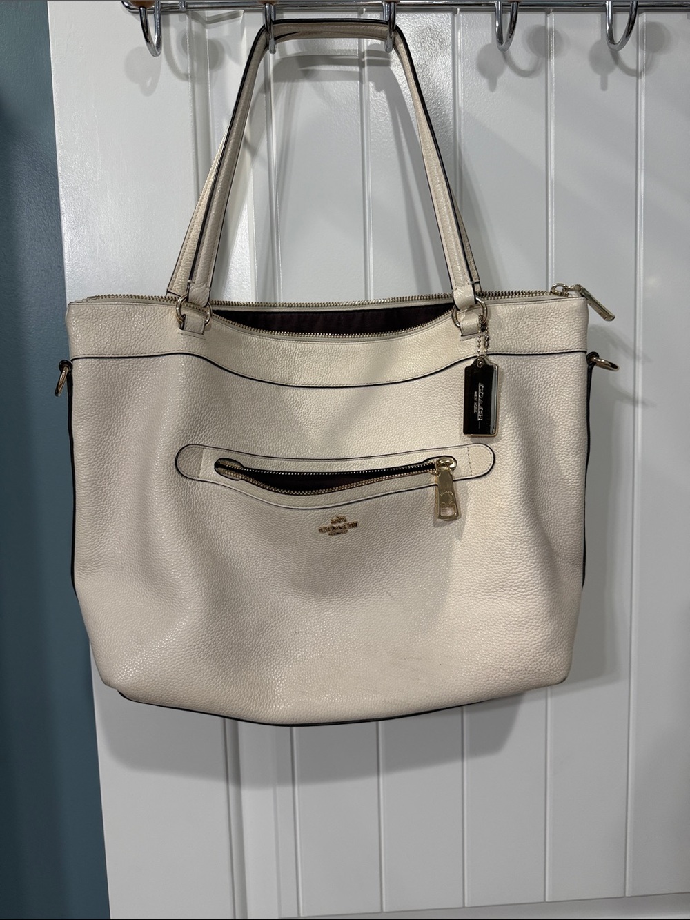 Coach Cream Pebbled Leather Tote with Gold Hardware